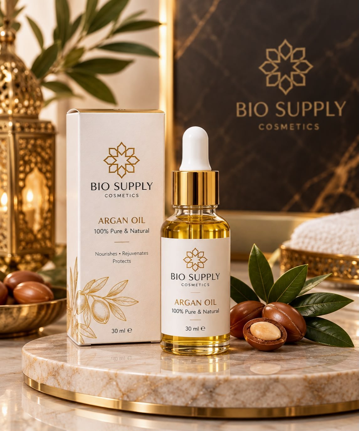 Argan oil in a clear dropper bottle beside its white carton