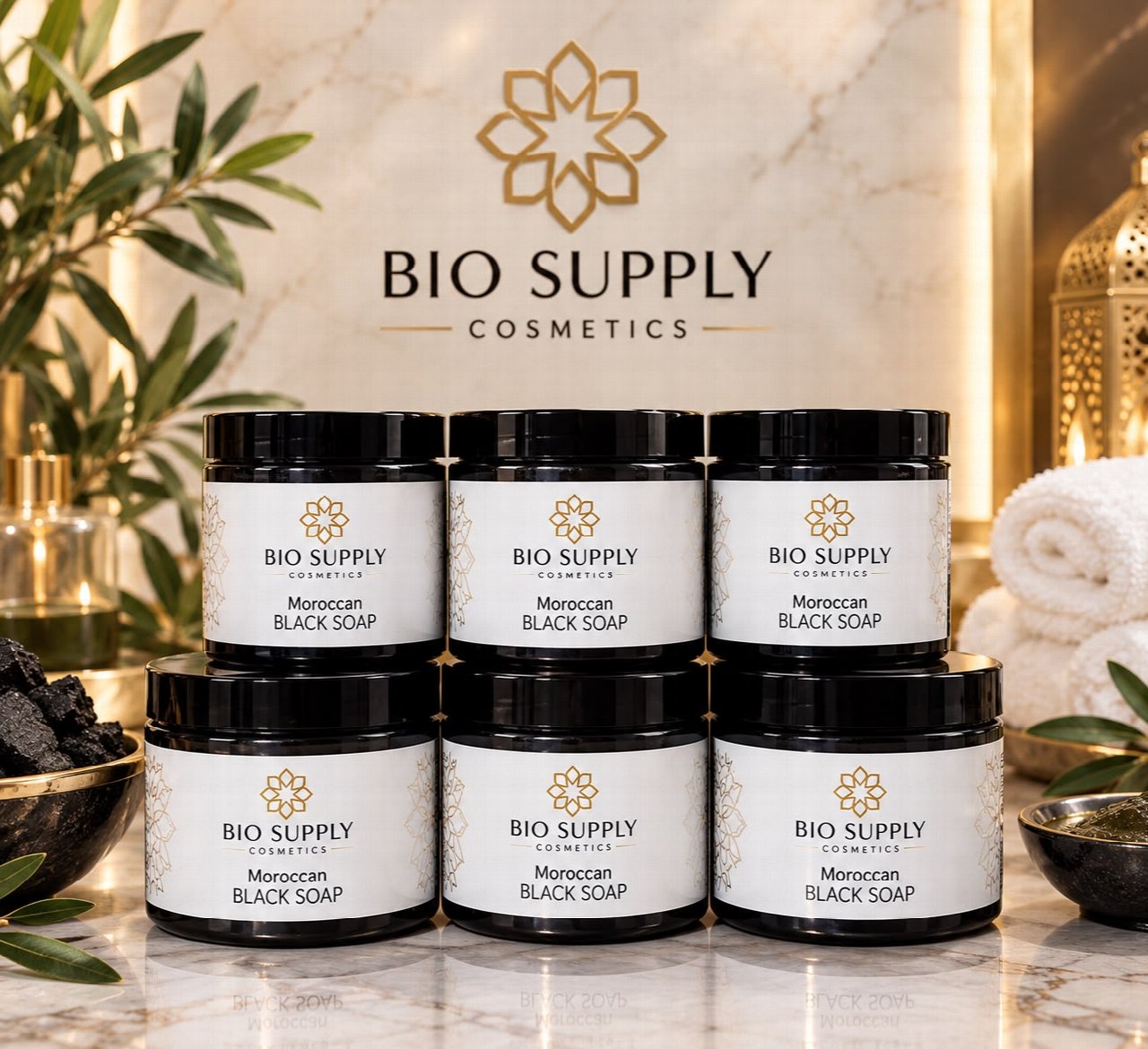 Coordinated black soap jars illustrating a private-label collection